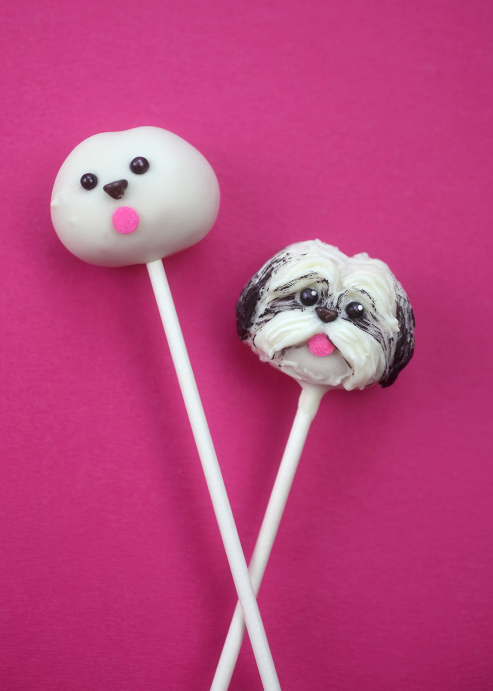 Undecorated cake pop next to a decorated Shih Tzu cake pop